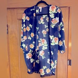 Sheer flowered navy blue kimono coverup!